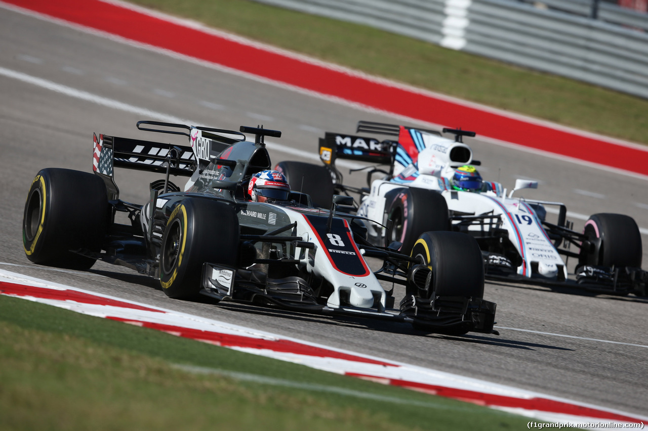 GP STATI UNITI, 22.10.2017 - Gara, Romain Grosjean (FRA) Haas F1 Team VF-17 e Felipe Massa (BRA) Williams FW40