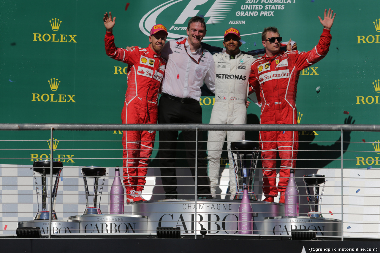 GP STATI UNITI, 22.10.2017 - Gara, 2nd place Sebastian Vettel (GER) Ferrari SF70H, James Allison (GBR) Mercedes AMG F1, Technical Director, Lewis Hamilton (GBR) Mercedes AMG F1 W08 vincitore e 3rd place Kimi Raikkonen (FIN) Ferrari SF70H