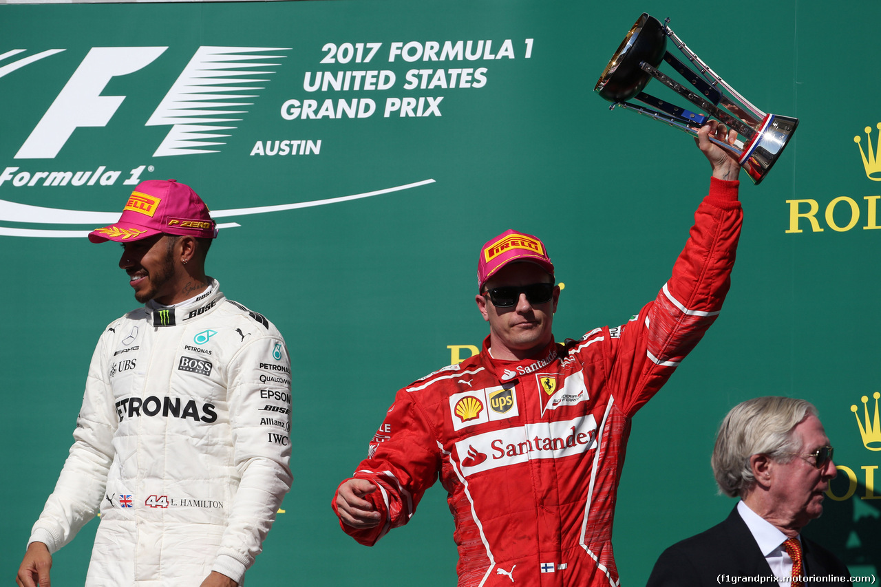 GP STATI UNITI, 22.10.2017 - Gara, Lewis Hamilton (GBR) Mercedes AMG F1 W08 vincitore e 3rd place Kimi Raikkonen (FIN) Ferrari SF70H