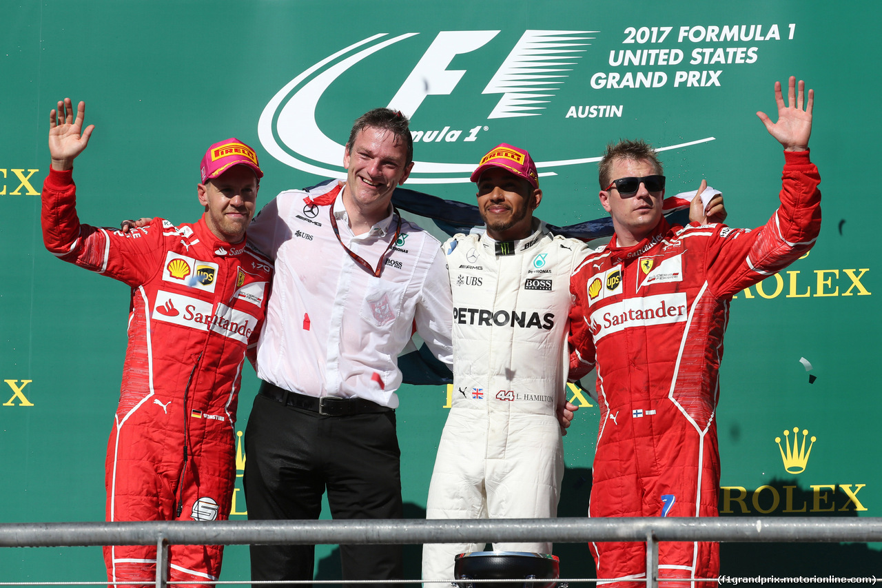 GP STATI UNITI, 22.10.2017 - Gara, 2nd place Sebastian Vettel (GER) Ferrari SF70H, James Allison (GBR) Mercedes AMG F1, Technical Director, Lewis Hamilton (GBR) Mercedes AMG F1 W08 vincitore e 3rd place Kimi Raikkonen (FIN) Ferrari SF70H