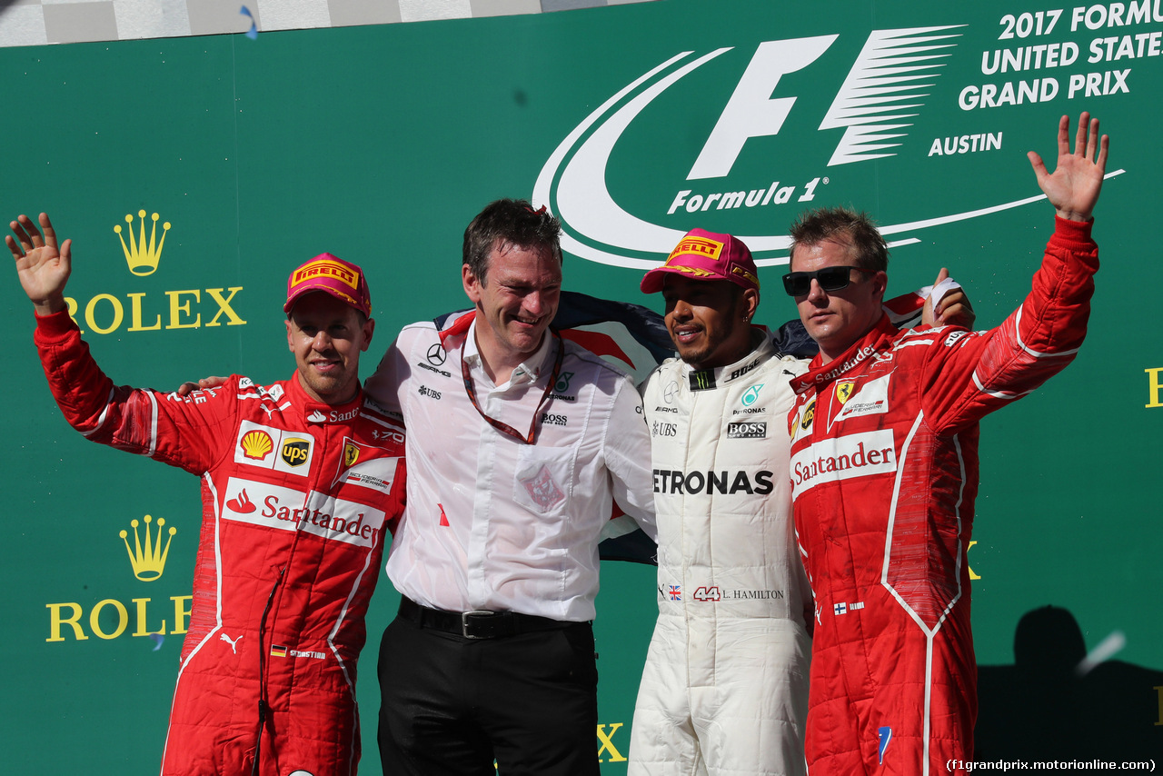 GP STATI UNITI, 22.10.2017 - Gara, 2nd place Sebastian Vettel (GER) Ferrari SF70H, James Allison (GBR) Mercedes AMG F1, Technical Director, Lewis Hamilton (GBR) Mercedes AMG F1 W08 vincitore e 3rd place Kimi Raikkonen (FIN) Ferrari SF70H