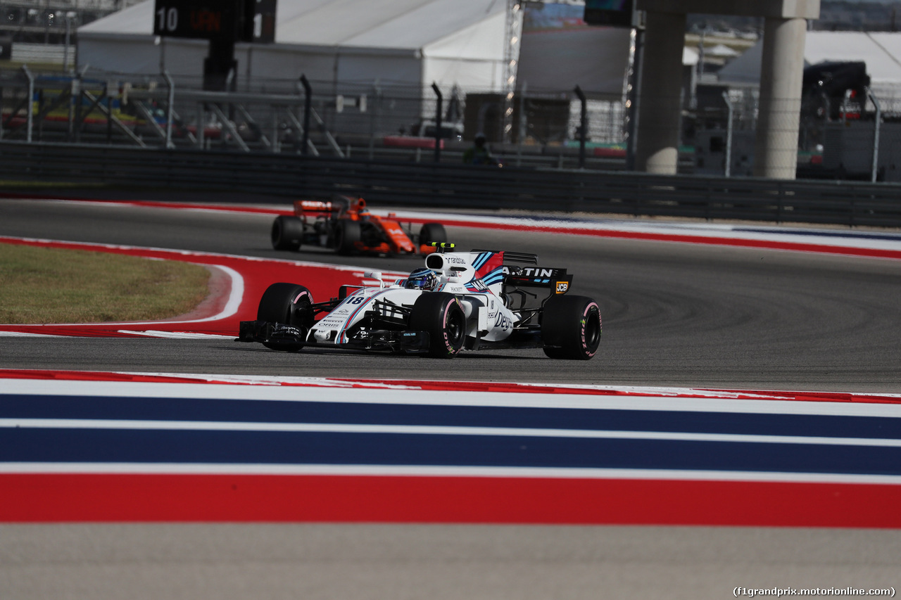 GP STATI UNITI, 21.10.2017 - Prove Libere 3, Lance Stroll (CDN) Williams FW40 e Fernando Alonso (ESP) McLaren MCL32