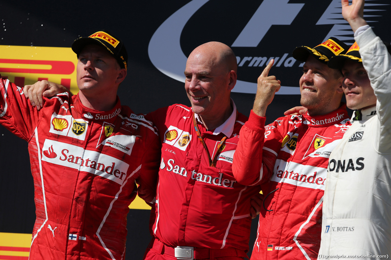 GP UNGHERIA, 30.07.2017 - Gara, 2nd place Kimi Raikkonen (FIN) Ferrari SF70H, Jock Clear (GBR) Ferrari Engineering Director, Sebastian Vettel (GER) Ferrari SF70H vincitore e 3rd place Valtteri Bottas (FIN) Mercedes AMG F1 W08