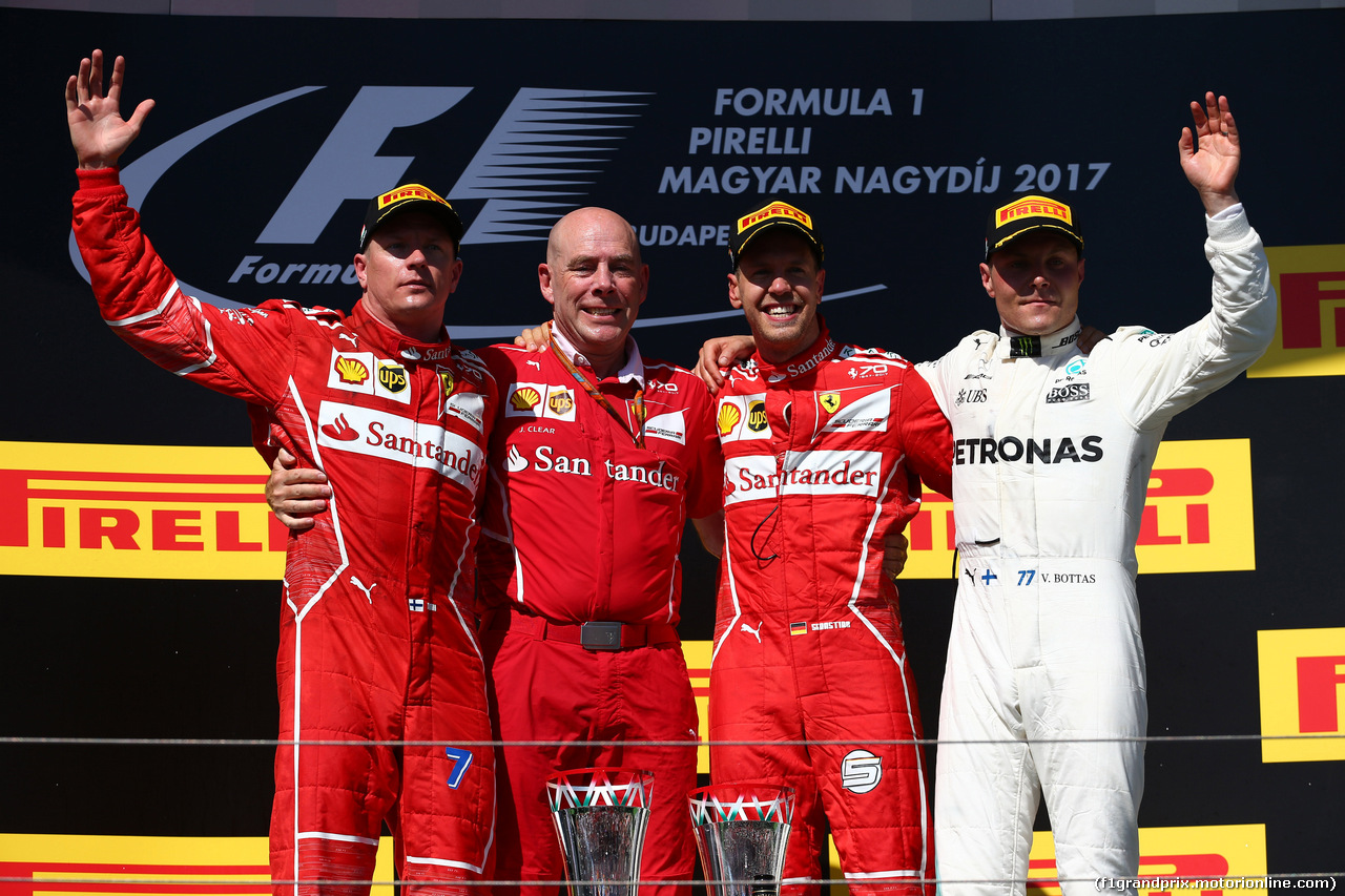 GP UNGHERIA, 30.07.2017 - Gara, 2nd place Kimi Raikkonen (FIN) Ferrari SF70H, Jock Clear (GBR) Ferrari Engineering Director, Sebastian Vettel (GER) Ferrari SF70H vincitore e 3rd place Valtteri Bottas (FIN) Mercedes AMG F1 W08