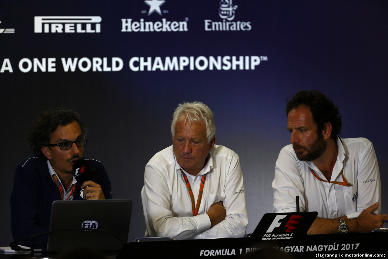 GP UNGHERIA, 27.07.2017 - Laurent Mekies (FRA) FIA Safety Director, Charlie Whiting (GBR) FIA Delegate e Matteo Bonciani (ITA) FIA Media Delegate in the Press Conference for the Halo device
