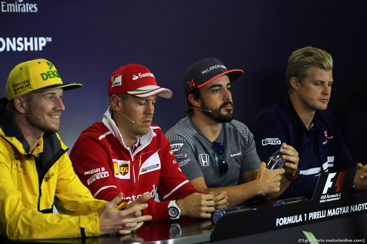 GP UNGHERIA, 27.07.2017 - Conferenza Stampa, Nico Hulkenberg (GER) Renault Sport F1 Team RS17, Sebastian Vettel (GER) Ferrari SF70H, Fernando Alonso (ESP) McLaren MCL32 e Marcus Ericsson (SUE) Sauber C36