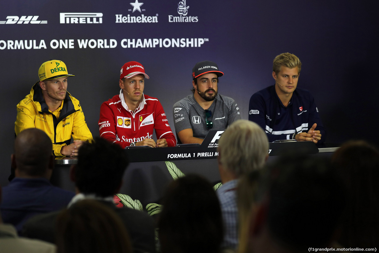 GP UNGHERIA, 27.07.2017 - Conferenza Stampa, Nico Hulkenberg (GER) Renault Sport F1 Team RS17, Sebastian Vettel (GER) Ferrari SF70H, Fernando Alonso (ESP) McLaren MCL32 e Marcus Ericsson (SUE) Sauber C36