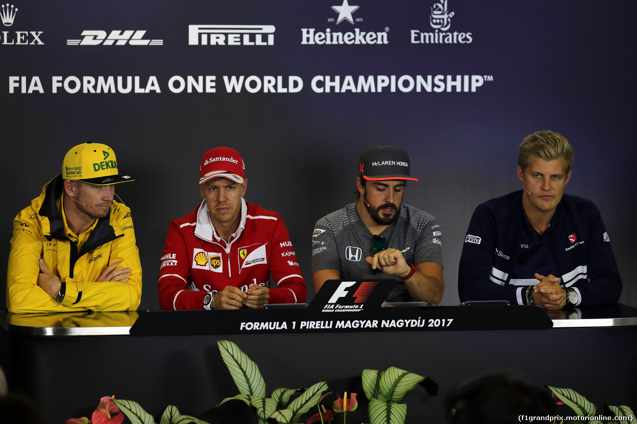 GP UNGHERIA, 27.07.2017 - Conferenza Stampa, Nico Hulkenberg (GER) Renault Sport F1 Team RS17, Sebastian Vettel (GER) Ferrari SF70H, Fernando Alonso (ESP) McLaren MCL32 e Marcus Ericsson (SUE) Sauber C36