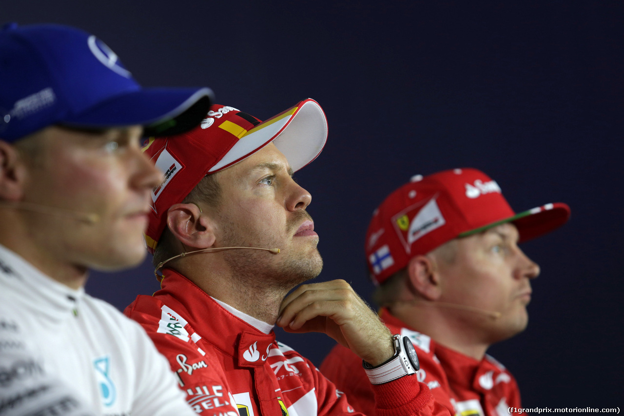 GP UNGHERIA, 29.07.2017 - Qualifiche, Conferenza Stampa, Valtteri Bottas (FIN) Mercedes AMG F1 W08, Sebastian Vettel (GER) Ferrari SF70H e Kimi Raikkonen (FIN) Ferrari SF70H