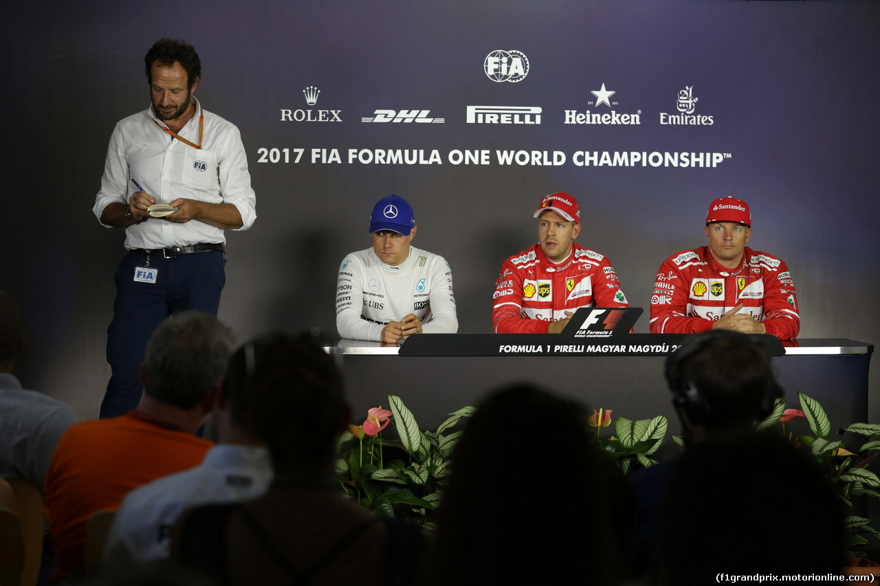 GP UNGHERIA, 29.07.2017 - Qualifiche, Conferenza Stampa, Valtteri Bottas (FIN) Mercedes AMG F1 W08, Sebastian Vettel (GER) Ferrari SF70H e Kimi Raikkonen (FIN) Ferrari SF70H