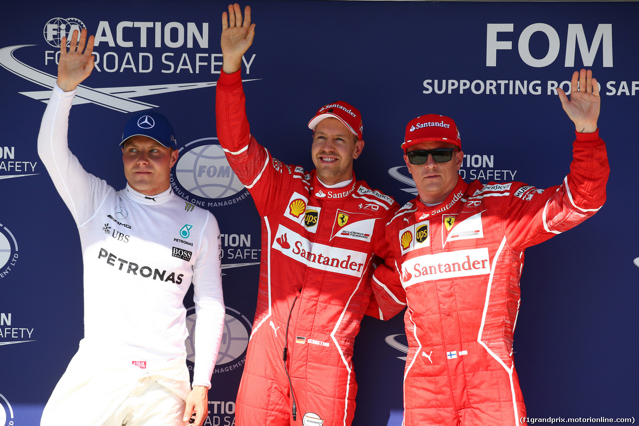 GP UNGHERIA, 29.07.2017 - Qualifiche, 3rd place Valtteri Bottas (FIN) Mercedes AMG F1 W08, Sebastian Vettel (GER) Ferrari SF70H pole position e 2nd place Kimi Raikkonen (FIN) Ferrari SF70H