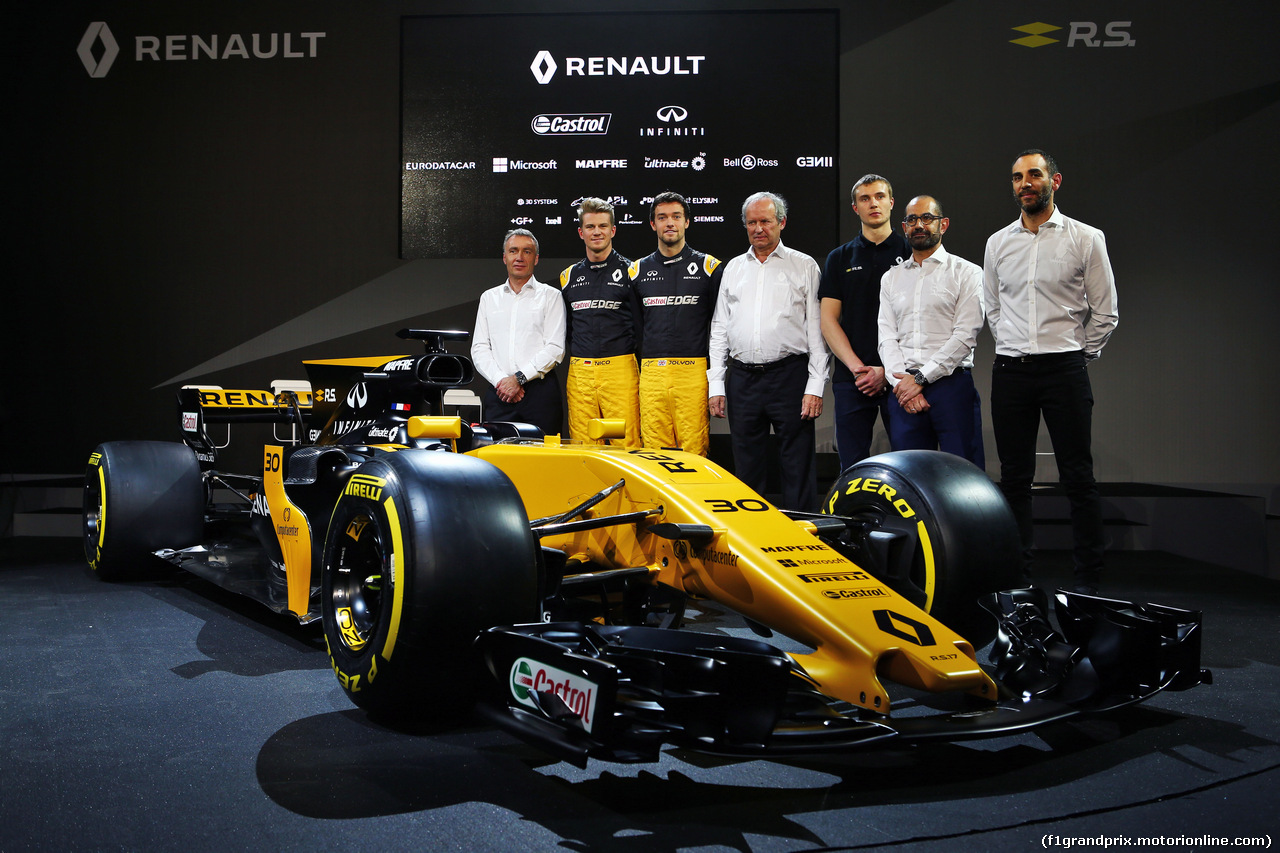 RENAULT RS17, (L to R): Bob Bell (GBR) Renault Sport F1 Team Chief Technical Officer; Nico Hulkenberg (GER) Renault Sport F1 Team; Jolyon Palmer (GBR) Renault Sport F1 Team; Jerome Stoll (FRA) Renault Sport F1 President; Sergey Sirotkin (RUS) Renault Sport F1 Team Third Driver; Thierry Koskas, Renault Executive Vice President of Sales e Marketing; Cyril Abiteboul (FRA) Renault Sport F1 Managing Director, e the Renault Sport F1 Team RS17.
21.02.2017.