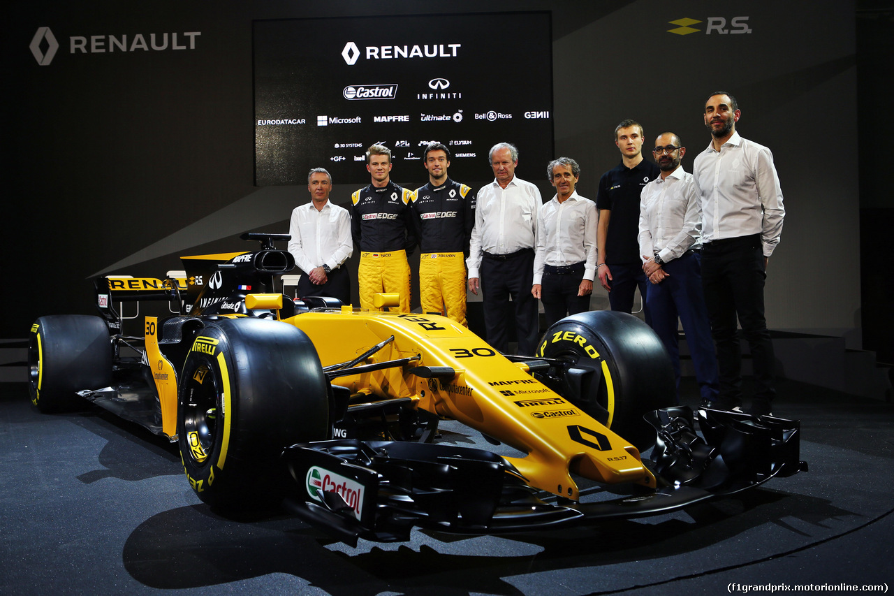 RENAULT RS17, (L to R): Bob Bell (GBR) Renault Sport F1 Team Chief Technical Officer; Nico Hulkenberg (GER) Renault Sport F1 Team; Jolyon Palmer (GBR) Renault Sport F1 Team; Jerome Stoll (FRA) Renault Sport F1 President; Alain Prost (FRA); Sergey Sirotkin (RUS) Renault Sport F1 Team Third Driver; Thierry Koskas, Renault Executive Vice President of Sales e Marketing; Cyril Abiteboul (FRA) Renault Sport F1 Managing Director, e the Renault Sport F1 Team RS17.
21.02.2017.
