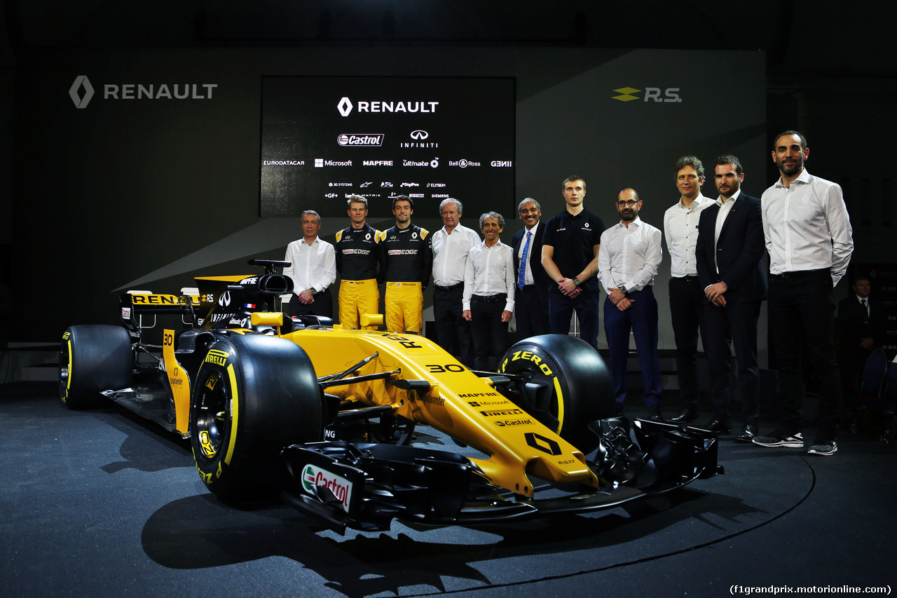 RENAULT RS17, (L to R): Bob Bell (GBR) Renault Sport F1 Team Chief Technical Officer; Nico Hulkenberg (GER) Renault Sport F1 Team; Jolyon Palmer (GBR) Renault Sport F1 Team; Jerome Stoll (FRA) Renault Sport F1 President; Alain Prost (FRA); Mandhir Singh, Castol COO; Sergey Sirotkin (RUS) Renault Sport F1 Team Third Driver; Thierry Koskas, Renault Executive Vice President of Sales e Marketing; Pepijn Richter, Microsoft Director of Product Marketing; Tommaso Volpe, Infiniti Global Director of Motorsport; Cyril Abiteboul (FRA) Renault Sport F1 Managing Director, e the Renault Sport F1 Team RS17.
21.02.2017.