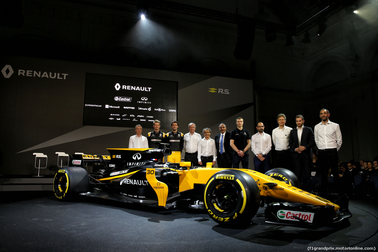 RENAULT RS17, (L to R): Bob Bell (GBR) Renault Sport F1 Team Chief Technical Officer; Nico Hulkenberg (GER) Renault Sport F1 Team; Jolyon Palmer (GBR) Renault Sport F1 Team; Jerome Stoll (FRA) Renault Sport F1 President; Alain Prost (FRA); Mandhir Singh, Castol COO; Sergey Sirotkin (RUS) Renault Sport F1 Team Third Driver; Thierry Koskas, Renault Executive Vice President of Sales e Marketing; Pepijn Richter, Microsoft Director of Product Marketing; Tommaso Volpe, Infiniti Global Director of Motorsport; Cyril Abiteboul (FRA) Renault Sport F1 Managing Director, with the Renault Sport F1 Team RS17.
21.02.2017.