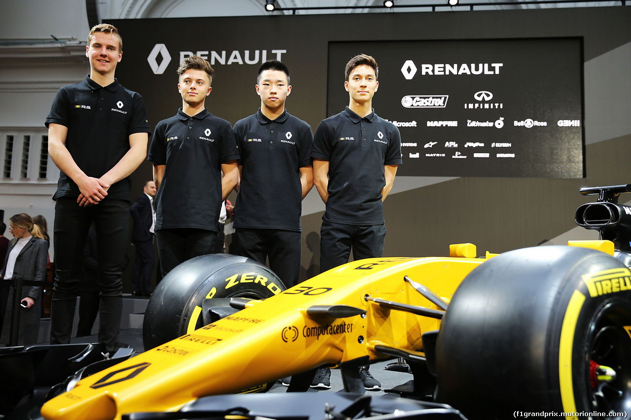RENAULT RS17, (L to R): Jarno Opmeer (NLD) Renault Sport Academy Driver; Max Fewtrell (GBR) Renault Sport Academy Driver; Sun Yue Yang (CHN) Renault Sport Academy Driver; Jack Aitken (GBR) Renault Sport Academy Driver, with the Renault Sport F1 Team RS17.
21.02.2017.
