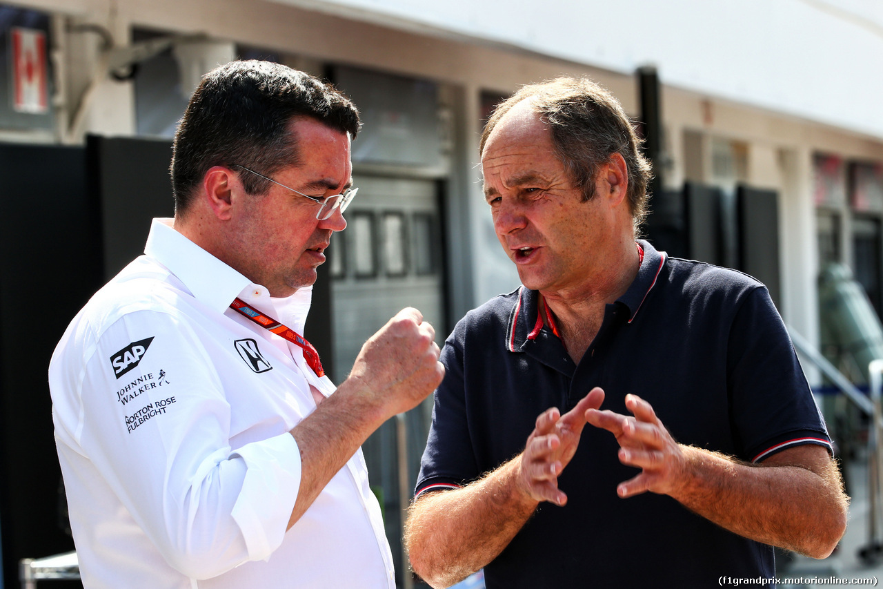 TEST F1 BUDAPEST 02 AGOSTO, (L to R): Eric Boullier (FRA) McLaren Racing Director with Gerhard Berger (AUT).
02.08.2017.