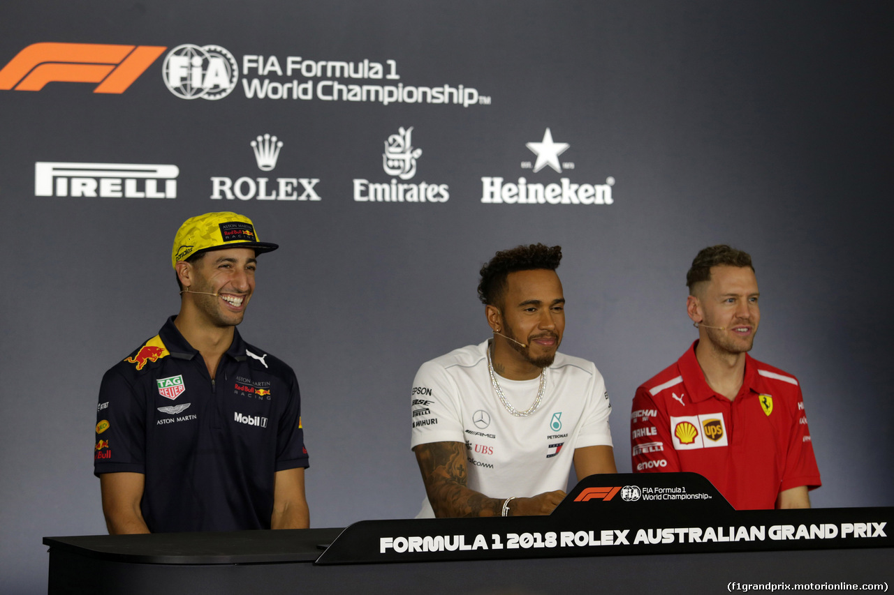 GP AUSTRALIA, 22.03.2018 - Conferenza Stampa, Daniel Ricciardo (AUS) Red Bull Racing RB14, Lewis Hamilton (GBR) Mercedes AMG F1 W09 e Sebastian Vettel (GER) Ferrari SF71H