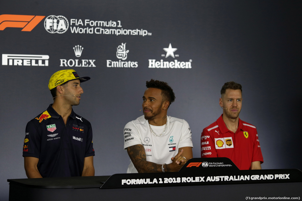 GP AUSTRALIA, 22.03.2018 - Conferenza Stampa, Daniel Ricciardo (AUS) Red Bull Racing RB14, Lewis Hamilton (GBR) Mercedes AMG F1 W09 e Sebastian Vettel (GER) Ferrari SF71H