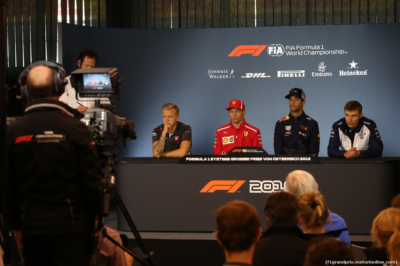 GP AUSTRIA, 28.06.2018- Giovedi' Official Fia press conference, L to R Kevin Magnussen (DEN) Haas F1 Team VF-18, Kimi Raikkonen (FIN) Ferrari SF71H, Daniel Ricciardo (AUS) Red Bull Racing RB14 e Sergej Sirotkin (RUS) Williams F1 Team FW41