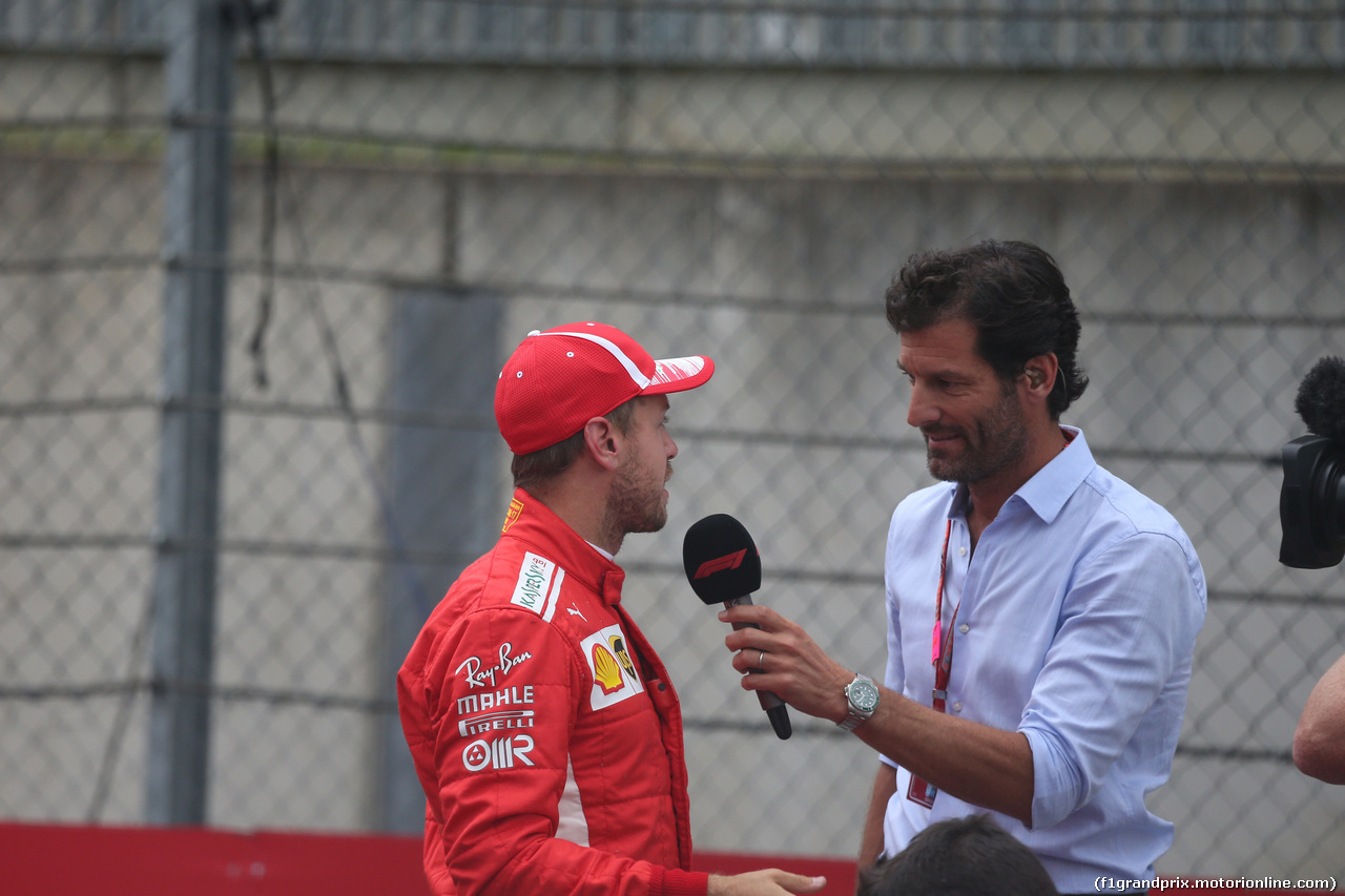 GP AUSTRIA, 30.06.2018- Qualifiche, Festeggiamenti in parc fermee, Mark Webber (AUT) e Sebastian Vettel (GER) Ferrari SF71H