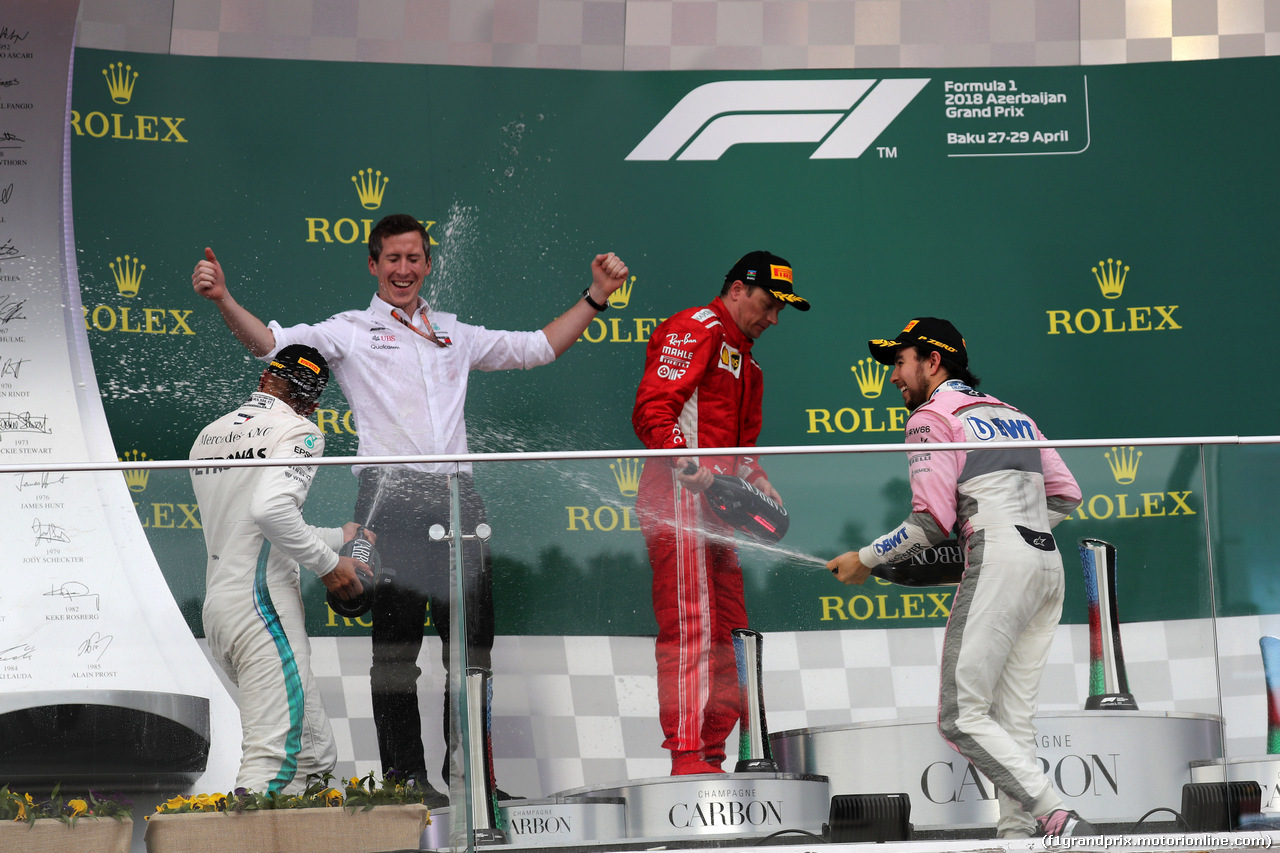 GP AZERBAIJAN, 29.04.2018 - Gara, 1st place Lewis Hamilton (GBR) Mercedes AMG F1 W09, 2nd place Kimi Raikkonen (FIN) Ferrari SF71H e 3rd place Sergio Perez (MEX) Sahara Force India F1 VJM011