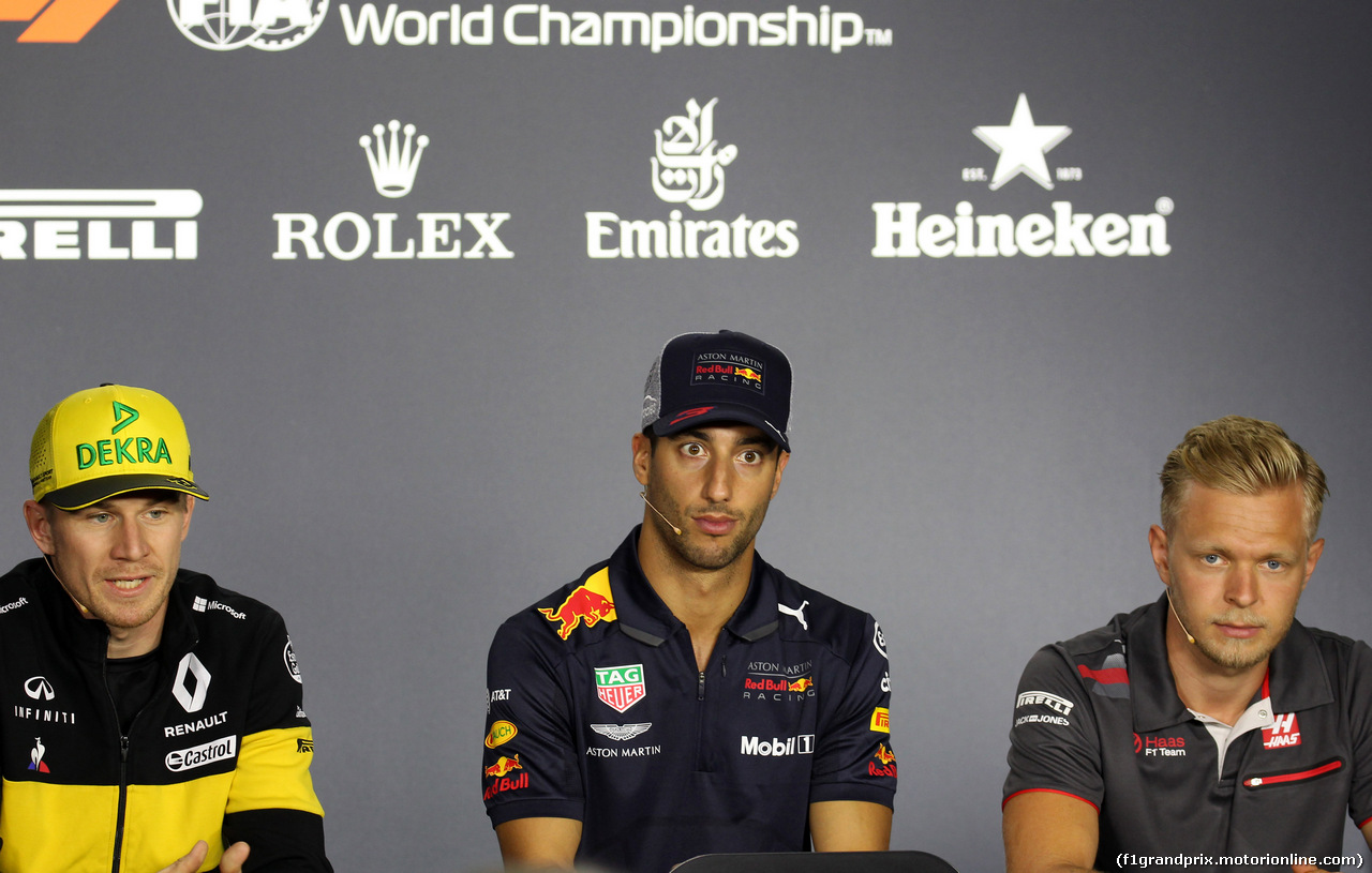 GP AZERBAIJAN, 26.04.2018 - Conferenza Stampa, Nico Hulkenberg (GER) Renault Sport F1 Team RS18, Daniel Ricciardo (AUS) Red Bull Racing RB14 e Kevin Magnussen (DEN) Haas F1 Team VF-18