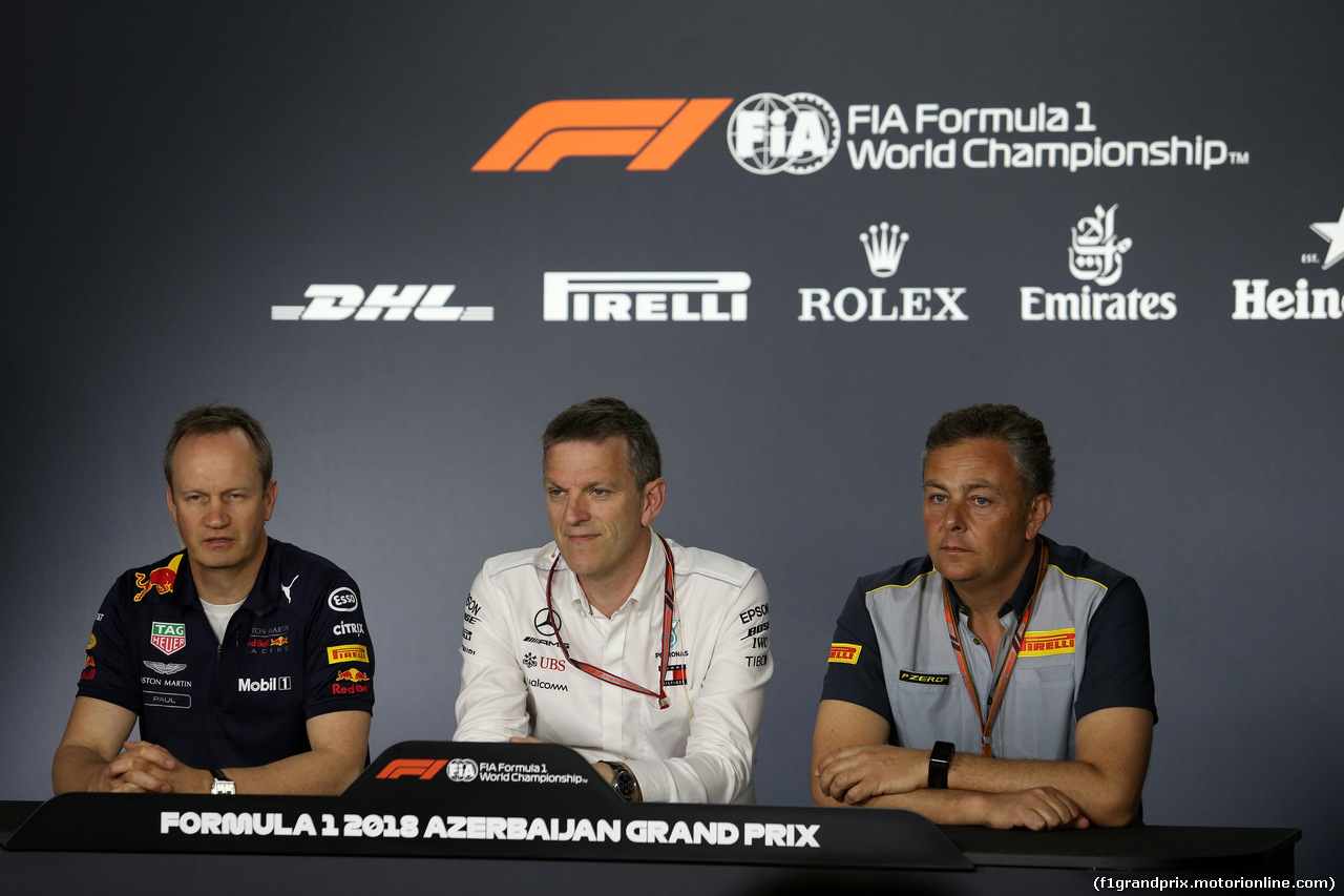 GP AZERBAIJAN, 27.04.2018 - Conferenza Stampa, Paul Monaghan, Red Bull Racing, James Allison (GBR) Mercedes AMG F1, Technical Director e Mario Isola (ITA), Pirelli Racing Manager