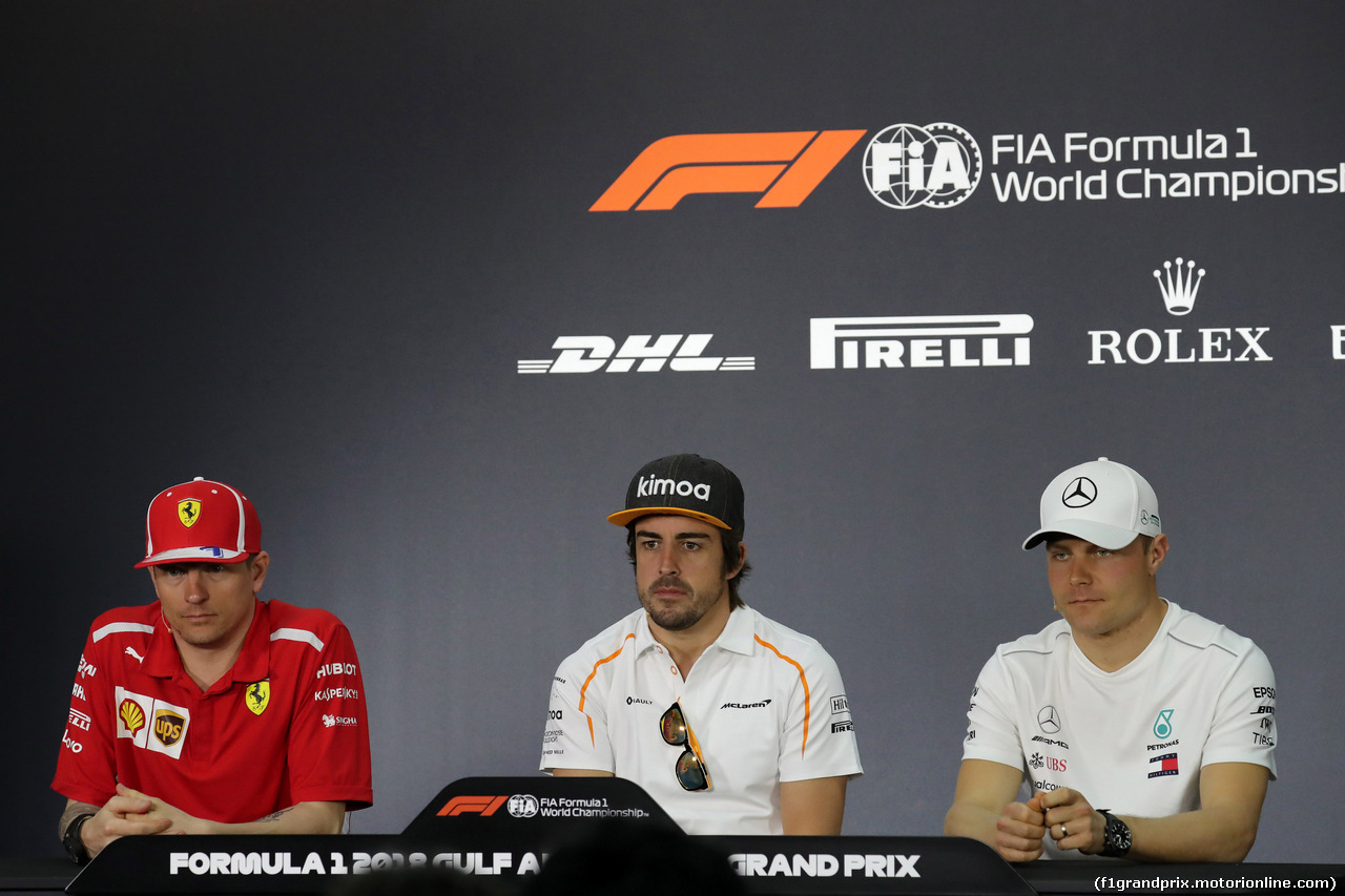 GP BAHRAIN, 05.05.2018 - Conferenza Stampa, Kimi Raikkonen (FIN) Ferrari SF71H, Fernando Alonso (ESP) McLaren MCL33 e Valtteri Bottas (FIN) Mercedes AMG F1 W09