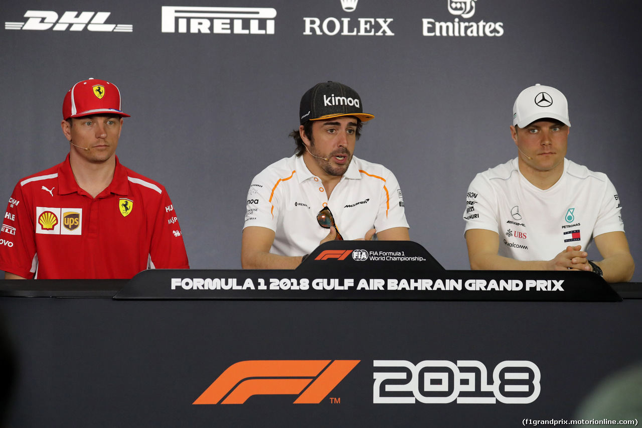 GP BAHRAIN, 05.05.2018 - Conferenza Stampa, Kimi Raikkonen (FIN) Ferrari SF71H, Fernando Alonso (ESP) McLaren MCL33 e Valtteri Bottas (FIN) Mercedes AMG F1 W09