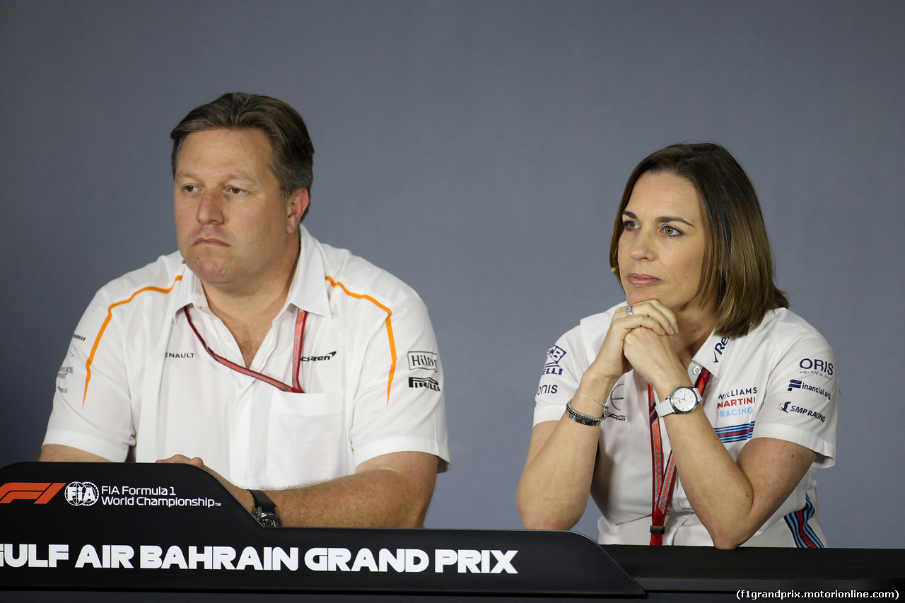 GP BAHRAIN, 06.04.2018 - Conferenza Stampa, Zak Brown (USA) McLaren Executive Director e Claire Williams (GBR) Williams Deputy Team Principal.