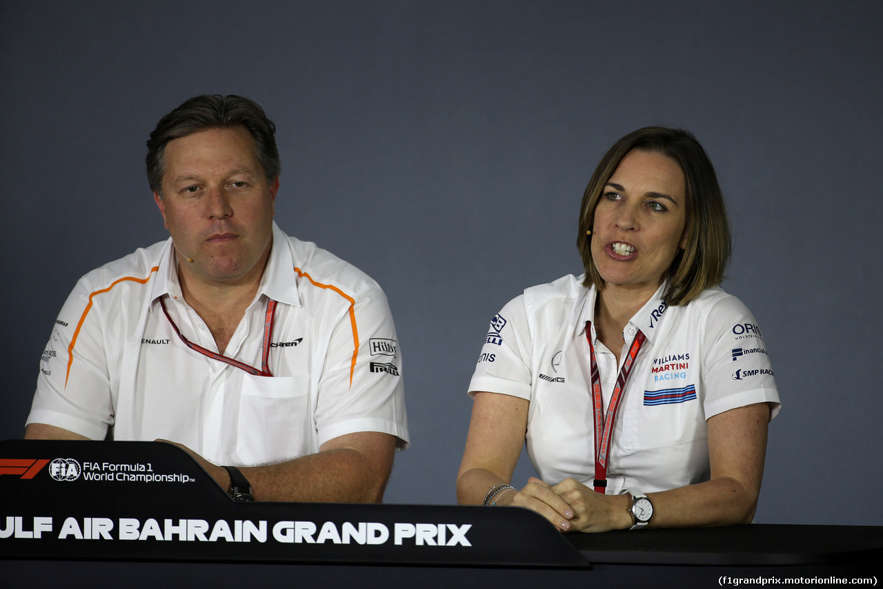 GP BAHRAIN, 06.04.2018 - Conferenza Stampa, Zak Brown (USA) McLaren Executive Director e Claire Williams (GBR) Williams Deputy Team Principal.