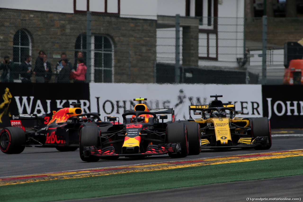 GP BELGIO, 25.08.2018 - Prove Libere 3, Daniel Ricciardo (AUS) Red Bull Racing RB14, Max Verstappen (NED) Red Bull Racing RB14 e Nico Hulkenberg (GER) Renault Sport F1 Team RS18