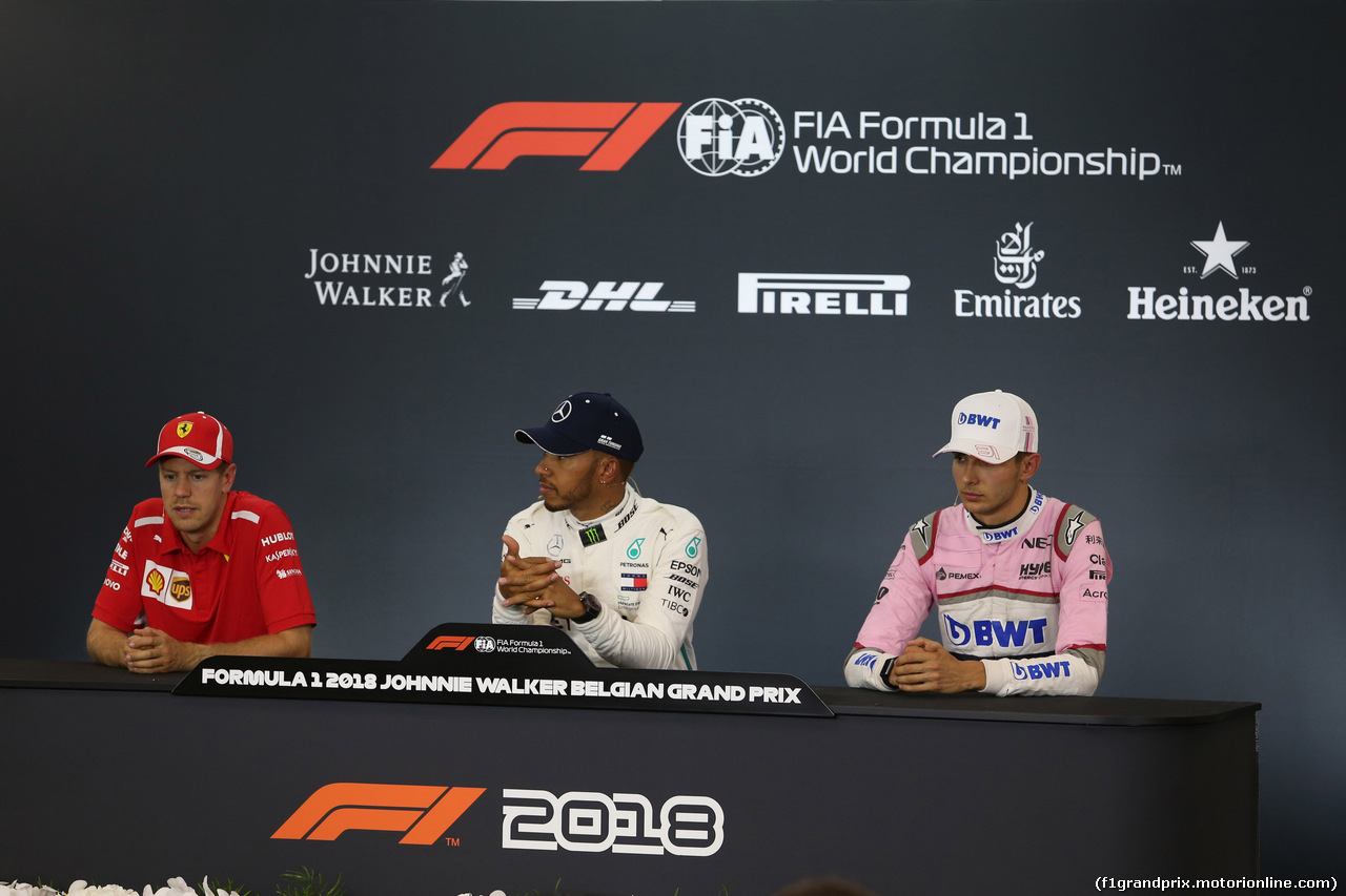GP BELGIO, 25.08.2018 - Qualifiche, Conferenza Stampa, Sebastian Vettel (GER) Ferrari SF71H, Lewis Hamilton (GBR) Mercedes AMG F1 W09 e Esteban Ocon (FRA) Racing Point Force India F1 VJM11