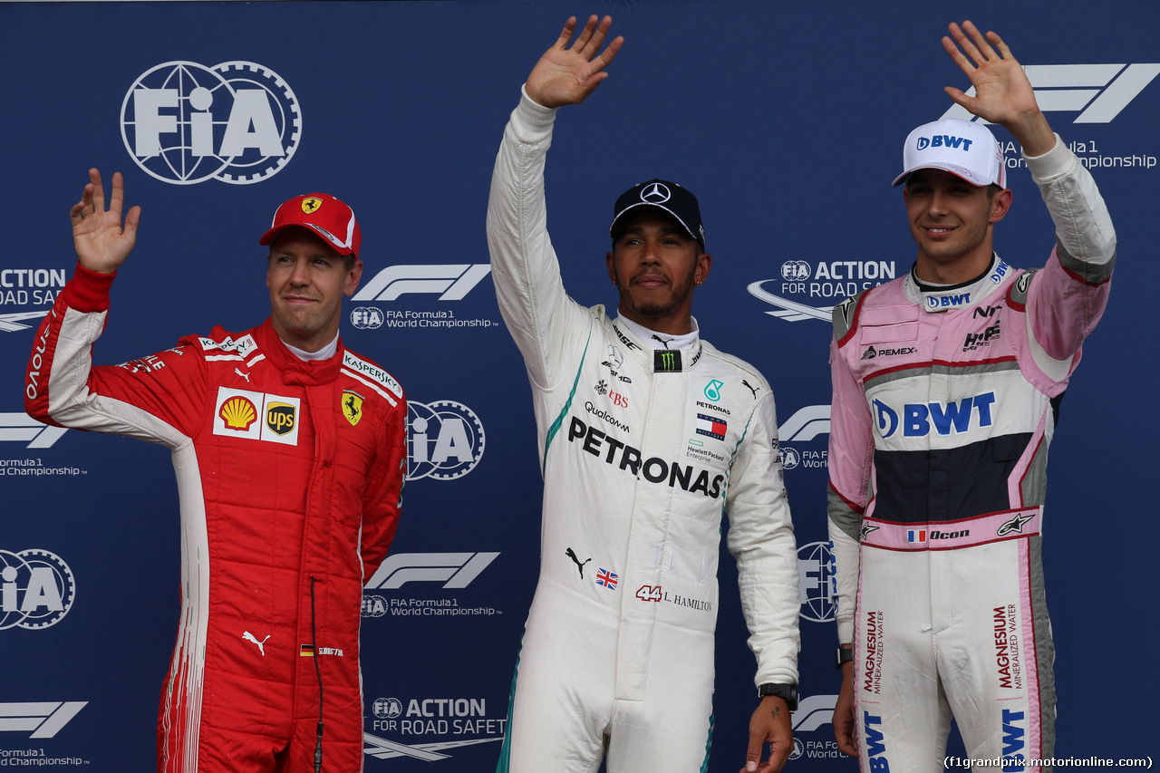 GP BELGIO, 25.08.2018 - Qualifiche, 2nd place Sebastian Vettel (GER) Ferrari SF71H, Lewis Hamilton (GBR) Mercedes AMG F1 W09 pole position e 3rd place Esteban Ocon (FRA) Racing Point Force India F1 VJM11