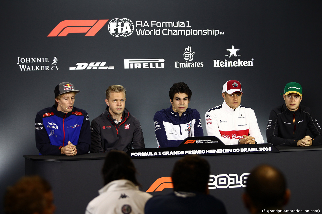 GP BRASILE, 08.11.2018 - Conferenza Stampa, Brendon Hartley (NZL) Scuderia Toro Rosso STR13, Kevin Magnussen (DEN) Haas F1 Team VF-18, Lance Stroll (CDN) Williams FW41, Marcus Ericsson (SUE) Sauber C37 e Stoffel Vandoorne (BEL) McLaren MCL33