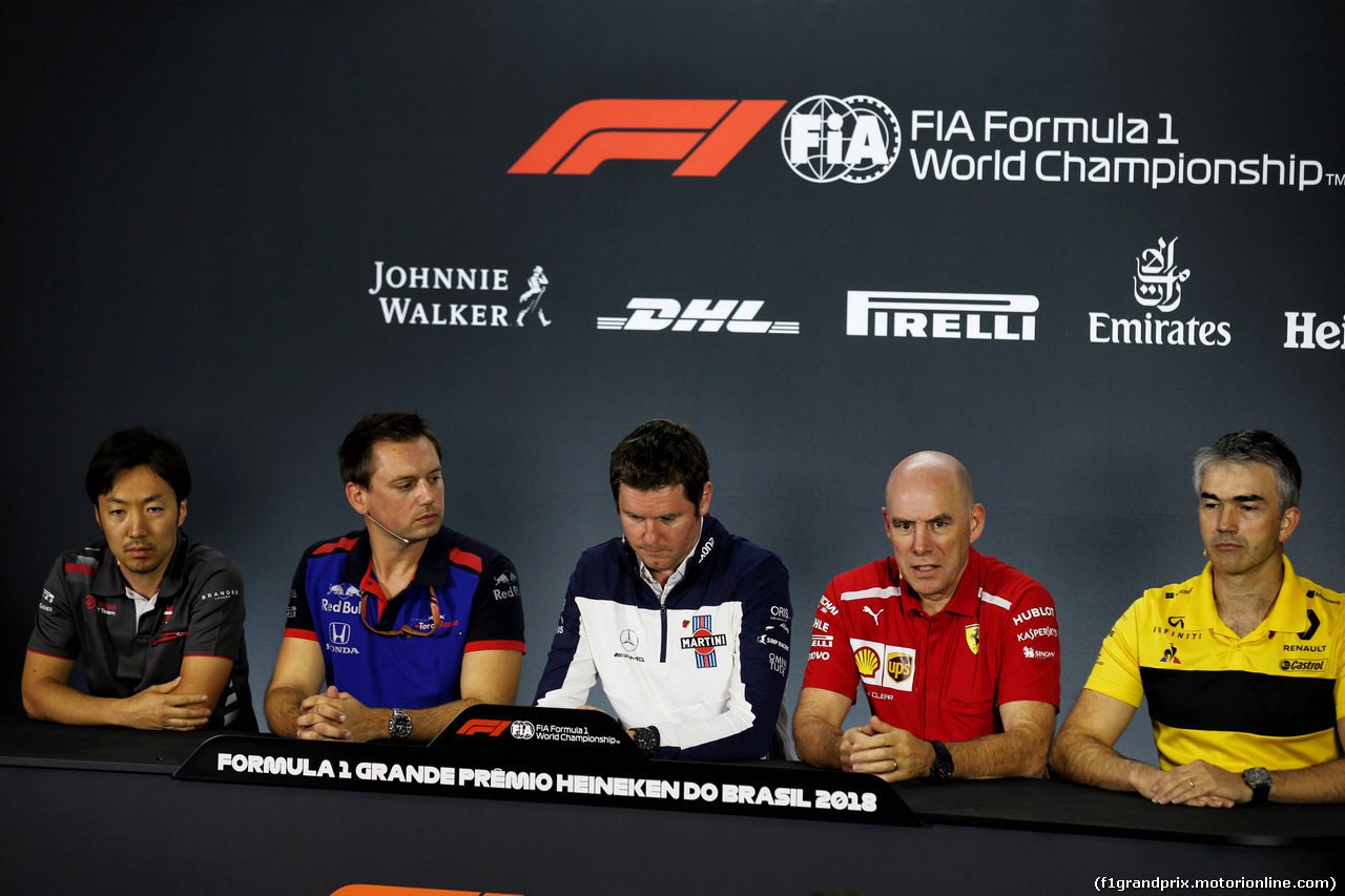 GP BRASILE, The FIA Press Conference (L to R): Ayao Komatsu (JPN) Haas F1 Team Gara Engineer; Jonathan Eddols (GBR) Scuderia Toro Rosso Chief Gara Engineer; Rob Smedley (GBR) Williams Head of Vehicle Performance; Jock Clear (GBR) Ferrari Engineering Director; Nick Chester (GBR) Renault Sport F1 Team Chassis Technical Director.
09.11.2018.