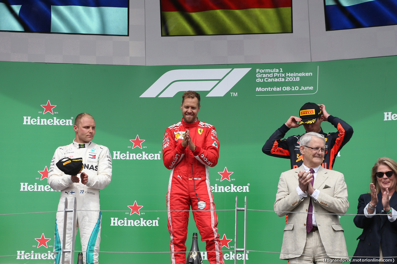 GP CANADA, 10.06.2018- Podium, winner Sebastian Vettel (GER) Ferrari SF71H, 2nd place Valtteri Bottas (FIN) Mercedes AMG F1 W09, 3rd place Max Verstappen (NED) Red Bull Racing RB14