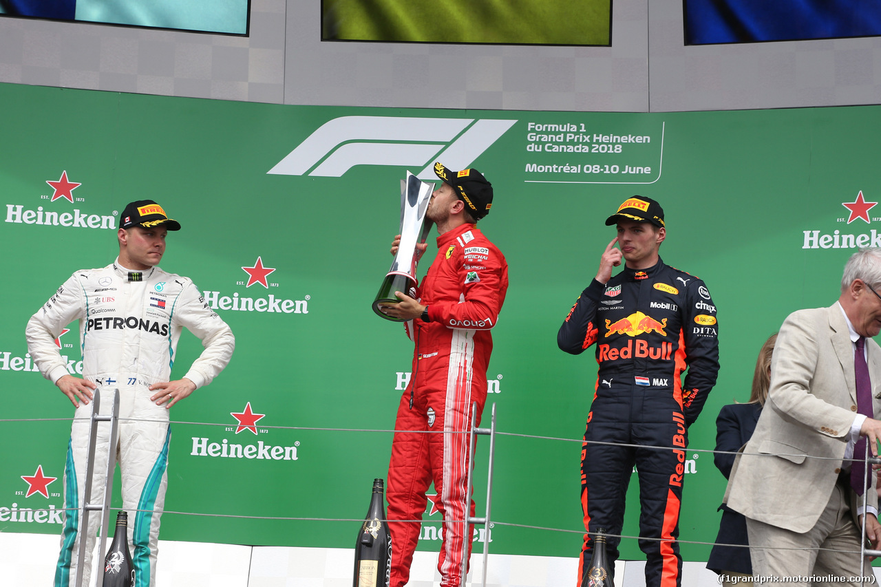 GP CANADA, 10.06.2018- Podium, winner Sebastian Vettel (GER) Ferrari SF71H, 2nd place Valtteri Bottas (FIN) Mercedes AMG F1 W09, 3rd place Max Verstappen (NED) Red Bull Racing RB14