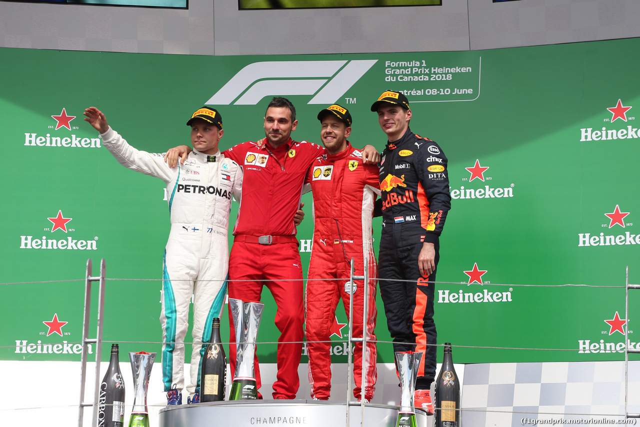GP CANADA, 10.06.2018- Podium, winner Sebastian Vettel (GER) Ferrari SF71H, 2nd Place Valtteri Bottas (FIN) Mercedes AMG F1 W09, 3rd place Max Verstappen (NED) Red Bull Racing RB14