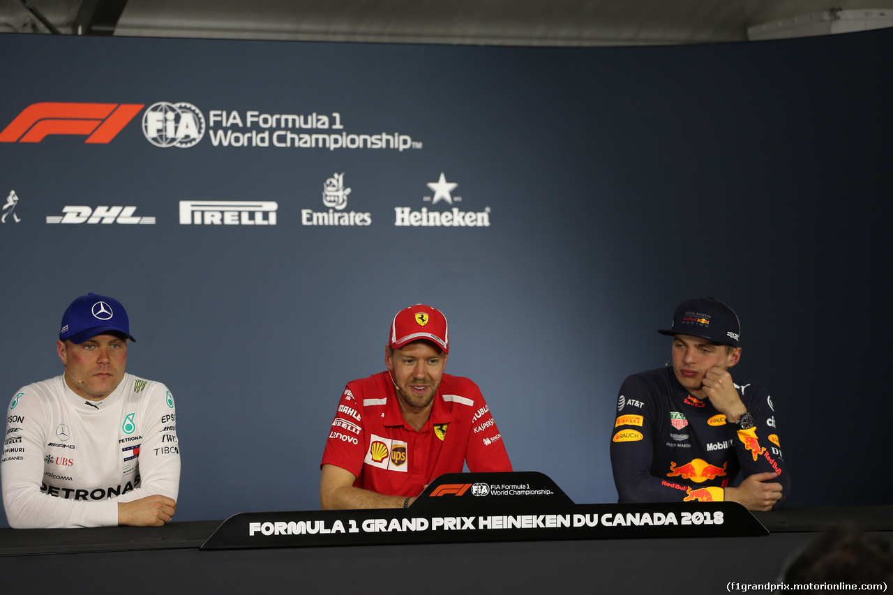 GP CANADA, 10.06.2018- After Gara Official Fia press conference, L to R Valtteri Bottas (FIN) Mercedes AMG F1 W09, Sebastian Vettel (GER) Ferrari SF71H, Max Verstappen (NED) Red Bull Racing RB14