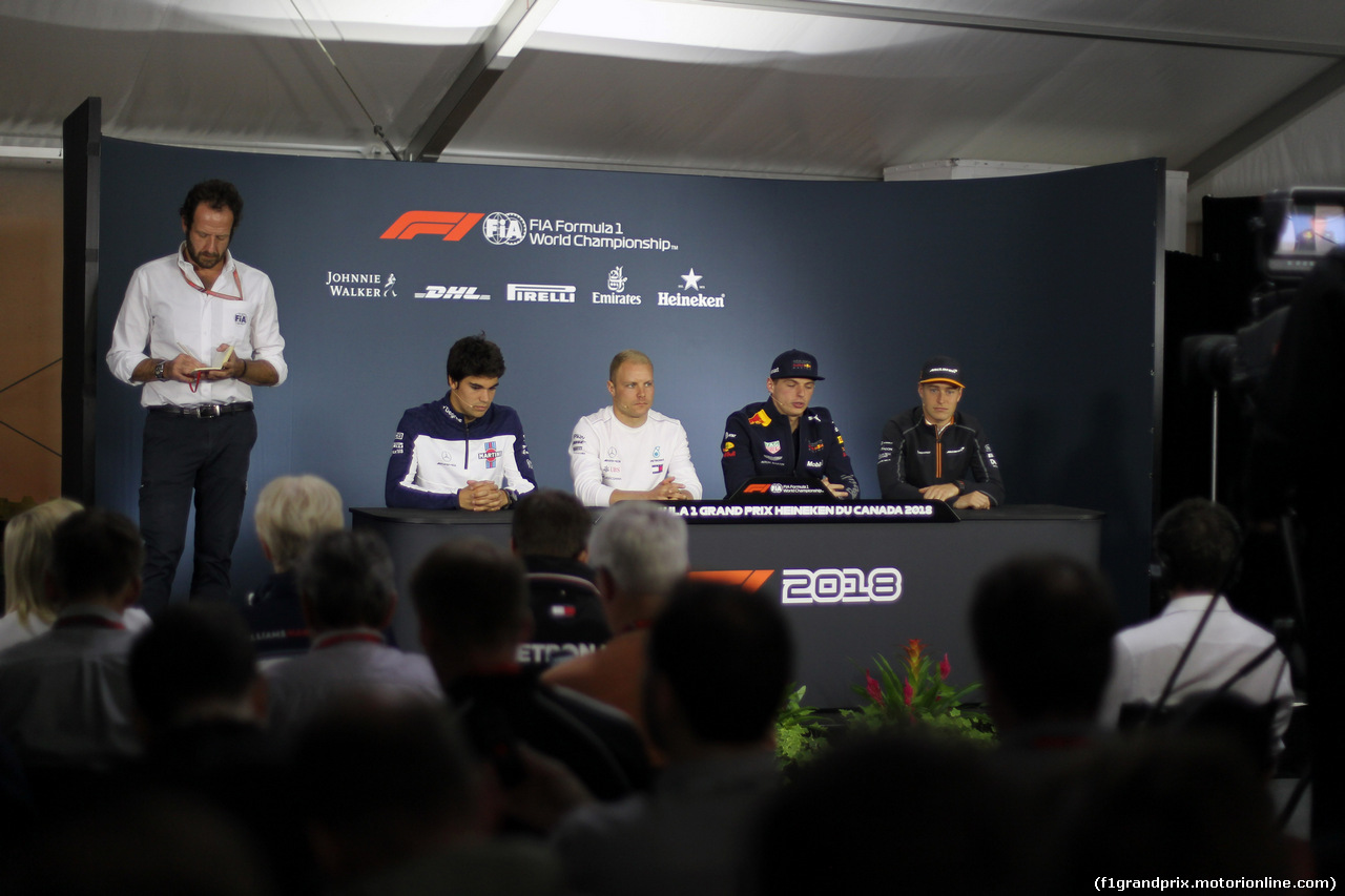 GP CANADA, 07.06.2018 - official fia Giovedi'  Official Fia press conference, L to R Lance Stroll (CDN) Williams FW41 , Valtteri Bottas (FIN) Mercedes AMG F1 W09, Max Verstappen (NED) Red Bull Racing RB14 e Stoffel Vandoorne (BEL) McLaren MCL33