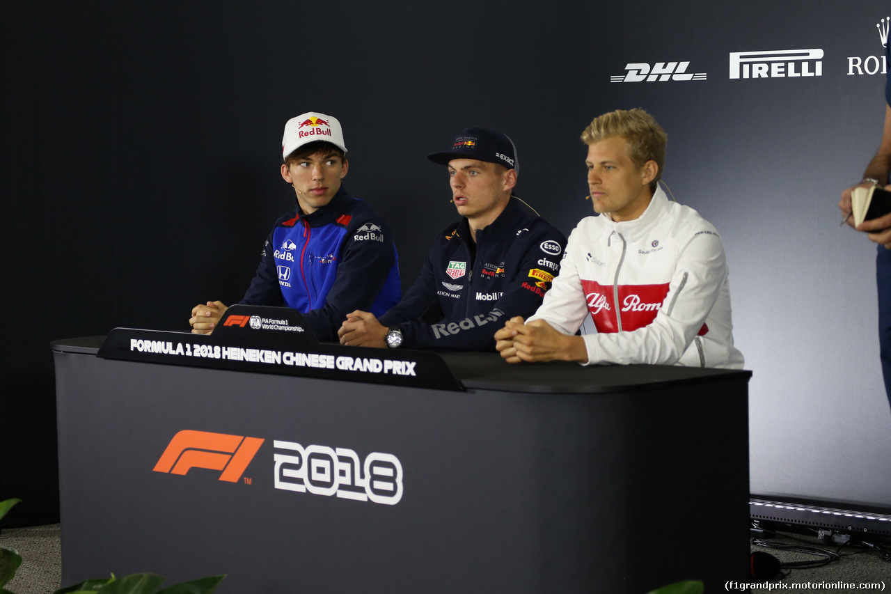 GP CINA, 12.04.2018- Giovedi' Press Conference, L to R Pierre Gasly (FRA) Scuderia Toro Rosso STR13, Max Verstappen (NED) Red Bull Racing RB14 e Marcus Ericsson (SUE) Alfa Romeo Sauber C37