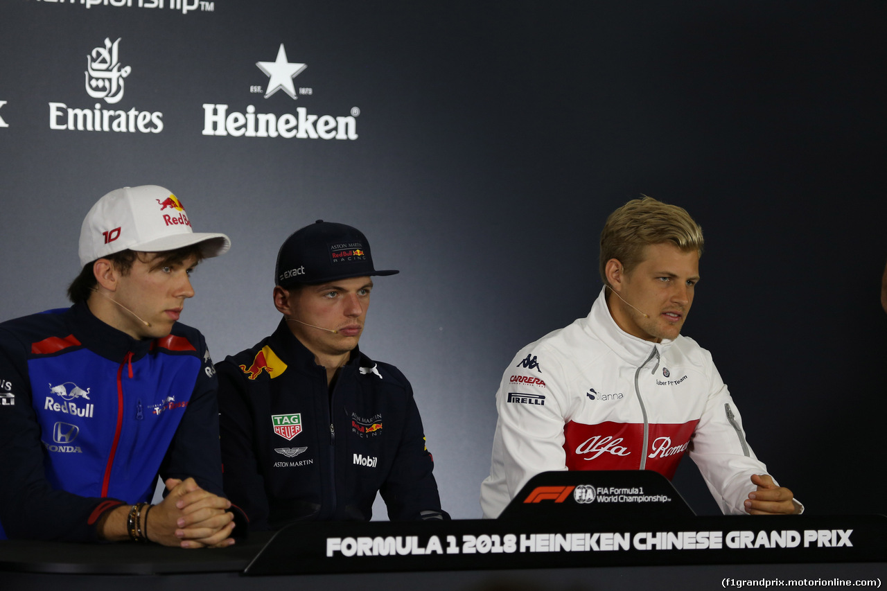 GP CINA, 12.04.2018- Giovedi' Press Conference, L to R Pierre Gasly (FRA) Scuderia Toro Rosso STR13, Max Verstappen (NED) Red Bull Racing RB14 e Marcus Ericsson (SUE) Alfa Romeo Sauber C37