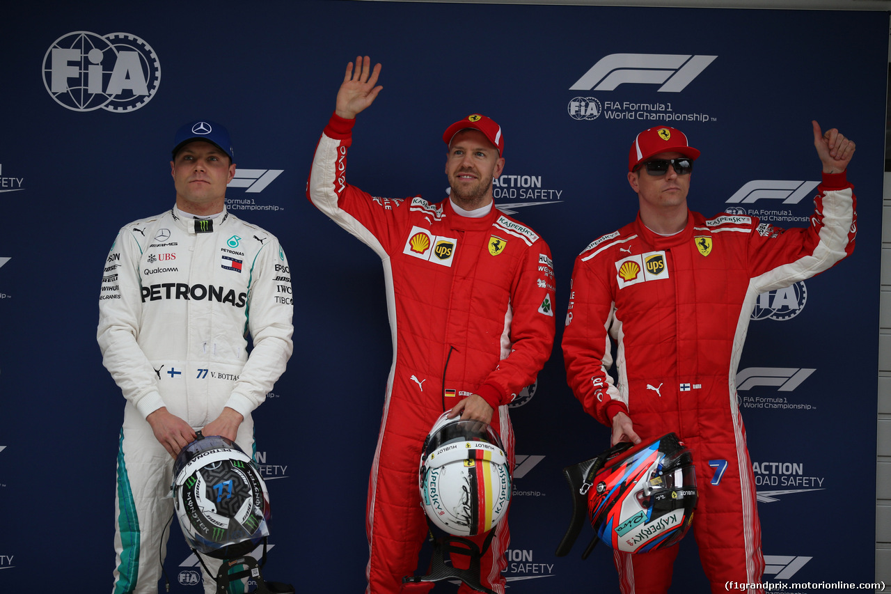 GP CINA, 14.04.2018- Qualifiche celebration: pole position5
, 2nd place Kimi Raikkonen (FIN) Ferrari SF71H, 3rd place Valtteri Bottas (FIN) Mercedes AMG F1 W09