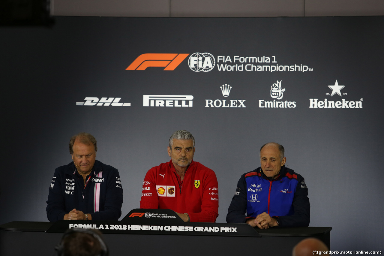 GP CINA, 13.04.2018- Venerdi' Official Fia press conference, L to R Robert Fernley (GBR) Sahara Force India F1 Team Deputy Team Principal, Maurizio Arrivabene (ITA) Ferrari Team Principal e Franz Tost, Scuderia Toro Rosso, Team Principal