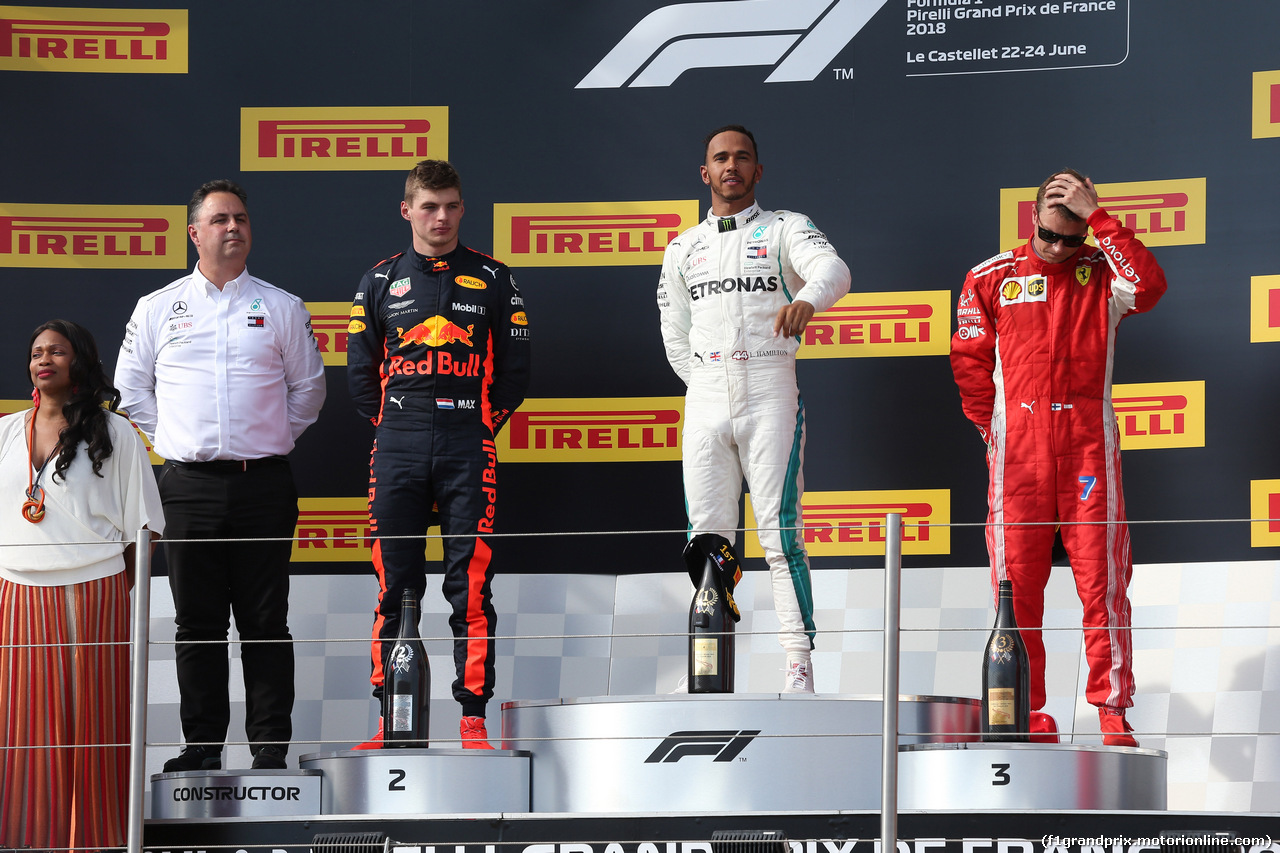 GP FRANCIA, 24.06.2018- podium, winner Lewis Hamilton (GBR) Mercedes AMG F1 W09 , 2nd place  Max Verstappen (NED) Red Bull Racing RB14 3rd place Kimi Raikkonen (FIN) Ferrari SF71H