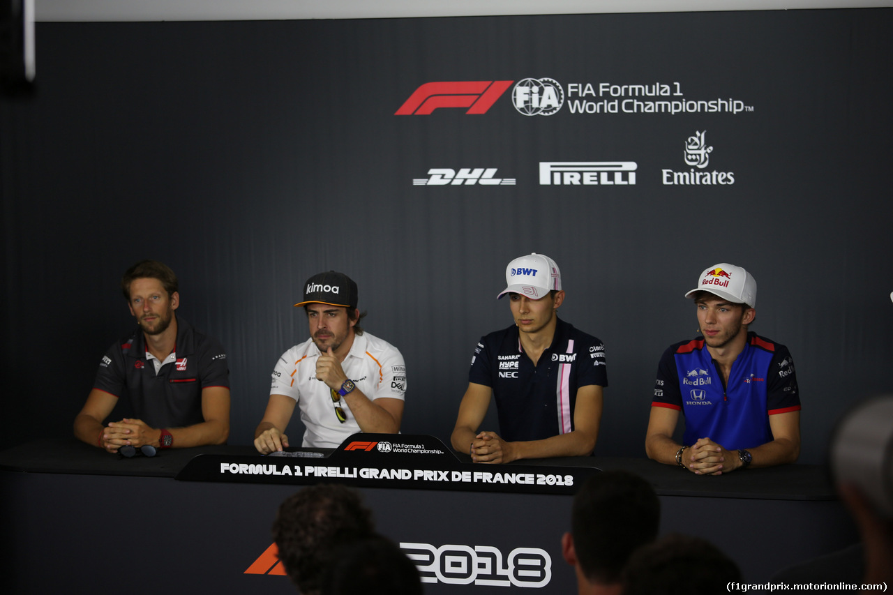 GP FRANCIA, 21.06.2018- Giovedi' Official Fia press conference,  L to R Romain Grosjean (FRA) Haas F1 Team VF-18, Fernando Alonso (ESP) McLaren Renault MCL33, Esteban Ocon (FRA) Sahara Force India F1 VJM11 e Pierre Gasly (FRA) Scuderia Toro Rosso STR13