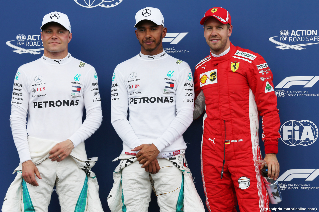 GP FRANCIA, 23.06.2018- Qualifiche celebration: Pole Position Lewis Hamilton (GBR) Mercedes AMG F1 W09 , 2nd place Valtteri Bottas (FIN) Mercedes AMG F1 W09, 3rd place Sebastian Vettel (GER) Ferrari SF71H