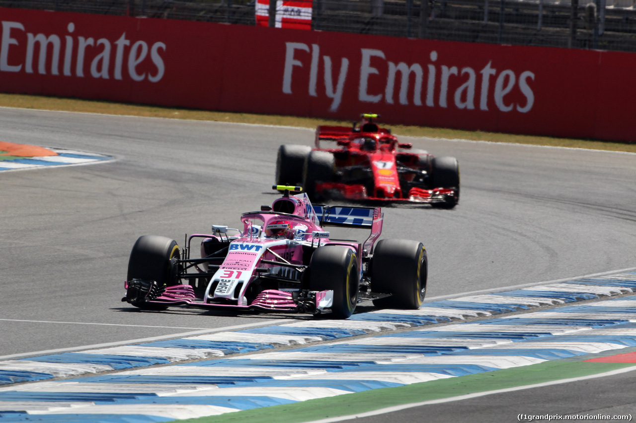 GP GERMANIA, 20.07.2018 - Prove Libere 2, Esteban Ocon (FRA) Sahara Force India F1 VJM11 e Kimi Raikkonen (FIN) Ferrari SF71H
